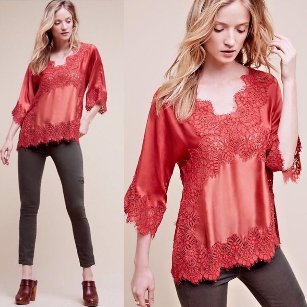 Anthropologie Moulinette Soeurs Satin Lace V-Neck Blouse Size XS‎ Red Bohemian